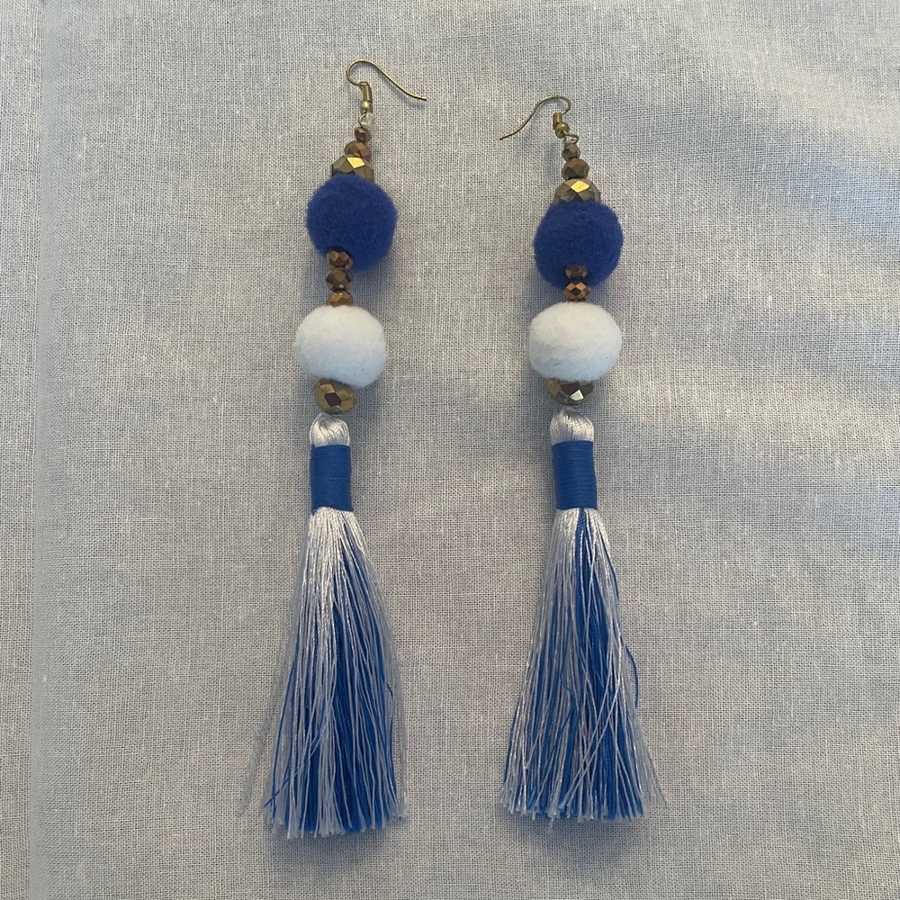 Elegant Blue and White Tassel Earrings
